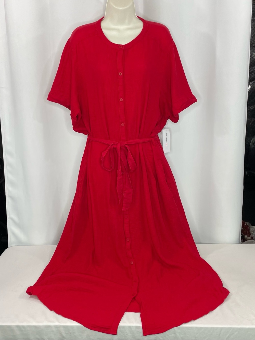 Liz Claiborne XXL Red Cotton Gauze Button Front Tie Waist Midi Dress NWT